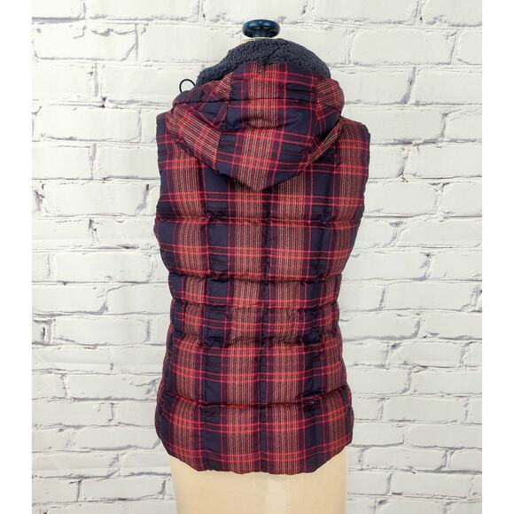 Patagonia Down With It Vest Women S Plaid Sherpa Lined Hooded Goose Down Warm - Picture 2 of 8